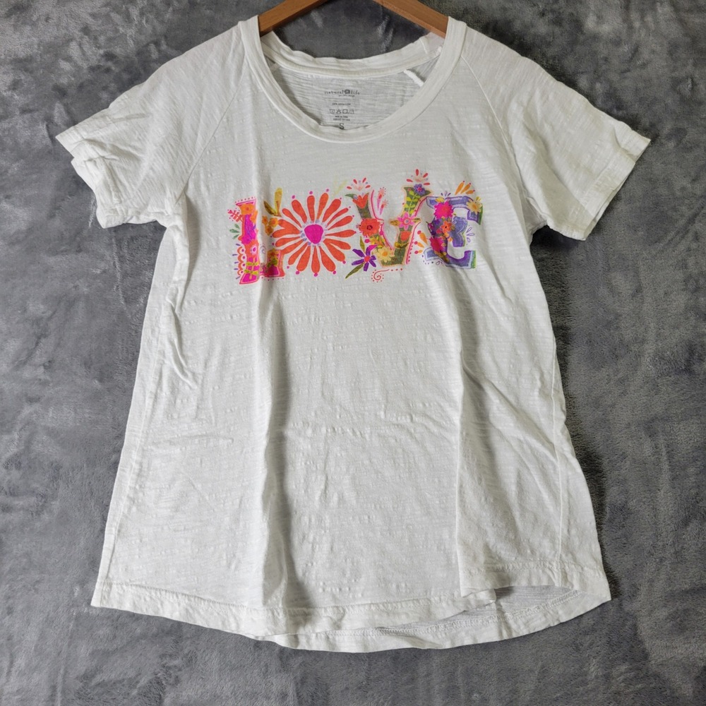 Natural Life White Floral LOVE Graphic T-Shirt Small Slub Knit Short Sleeve
